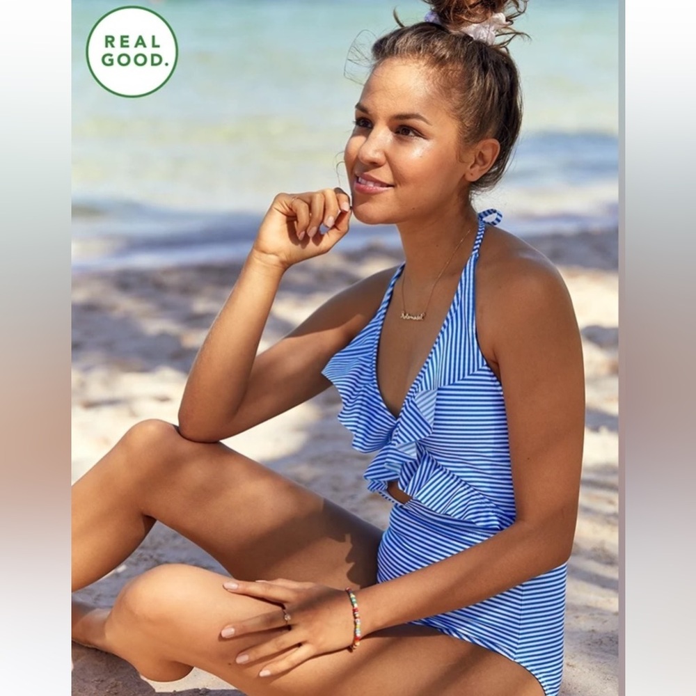 Aerie Blue & White Striped One Piece Swimsuit Full Coverage Size XS